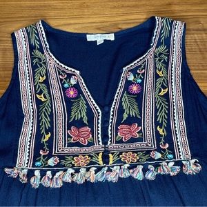 Umgee Boho Embroidered Tunic Tank Top Dress XL Floral Navy Tassels